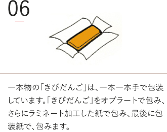 一本物の「きびだんご」は、一本一本手で包装しています。「きびだんご」をオブラートで包み、さらにラミネート加工した紙で包み、最後に包装紙で、包みます。